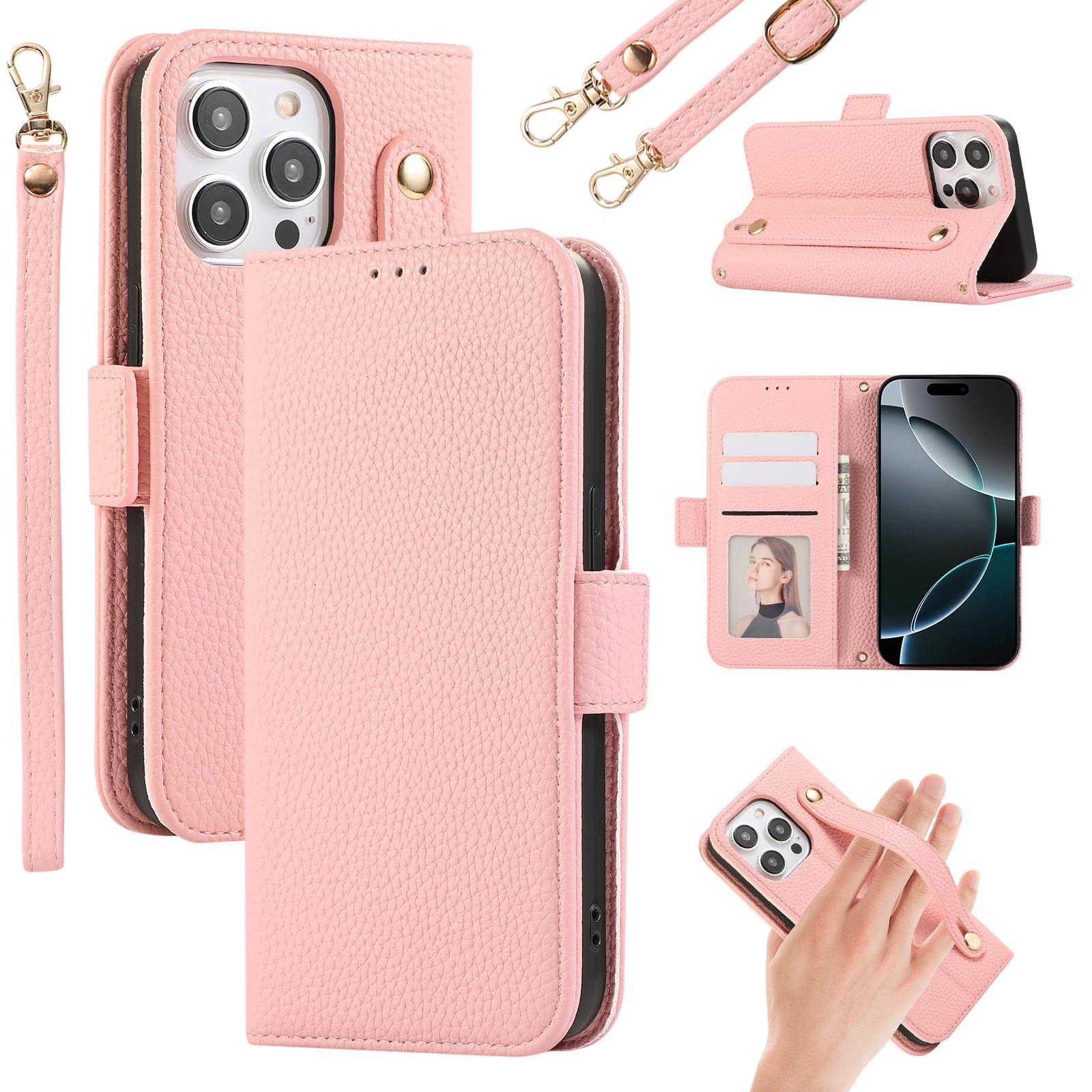 

For iPhone 14 Pro Max Leather Case with Card Holder,Straps,Shockproof Wallet Phone Cover Pink