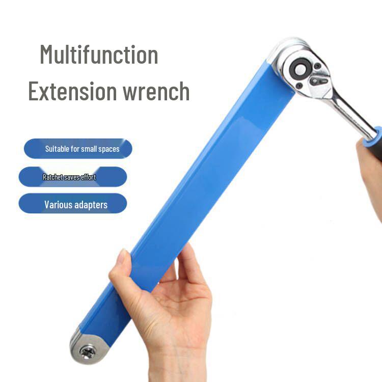 Dual-Ended Multi-Function Offset Ratchet Wrench 15-inch Extension Wrench [Blue] with Four Adapters