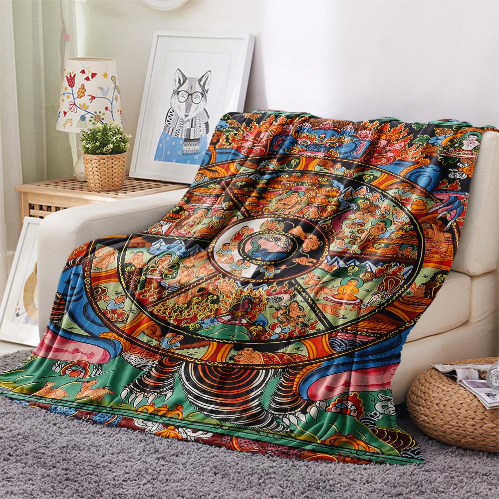 1Pc Buddhism Wheel Print Flannel Blanket, High quality Comfortable for All Seasons, Home Decor, Warmth and Comfort, Perfect for Christmas Gifts