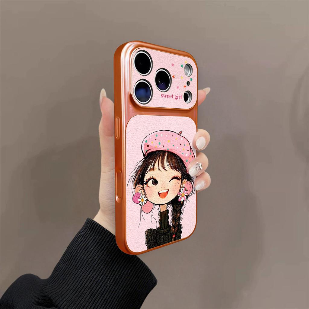 Pink hat girl for iPhone17promax mobile phone case Apple's new niche leather case