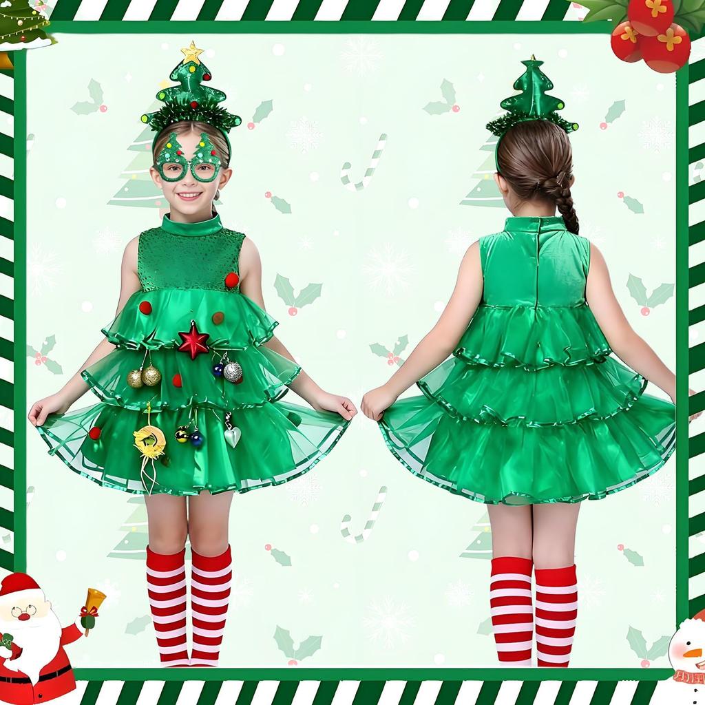 TUAHOUS Christmas Tree Cosplay and Set for Santa Perfect for and Photoshoots Dress, Headband, Socks, Glasses, 4-Piece Girls, Costume, Events, Parties,