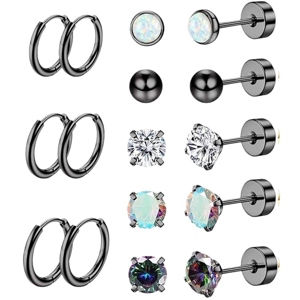Stainless Steel Zircon Stud & Round Wire Earrings Set with Vacuum Electroplating Finish