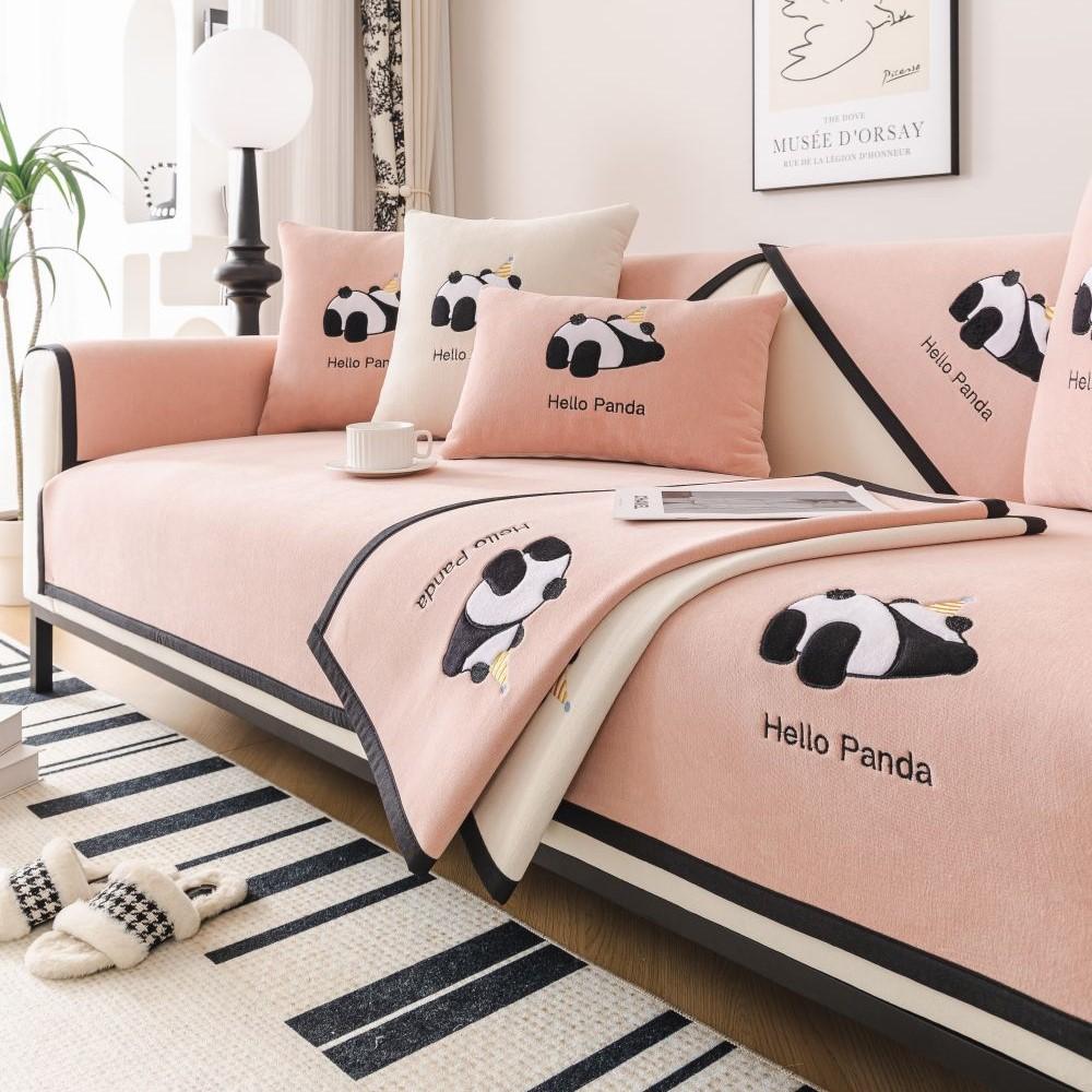 Modern Universal Non-slip Sofa Towel Chenille Solid Color Couch Cover for Living Room Four Seasons Panda Embroidery Sofa Cover
