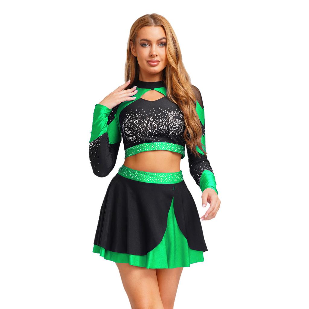 Комплект з 2 предметів для танців та чирлідингу для жінок S-XXL: Привабливий топ зі стразами та контрастна спідниця для сцени або Хелловіну