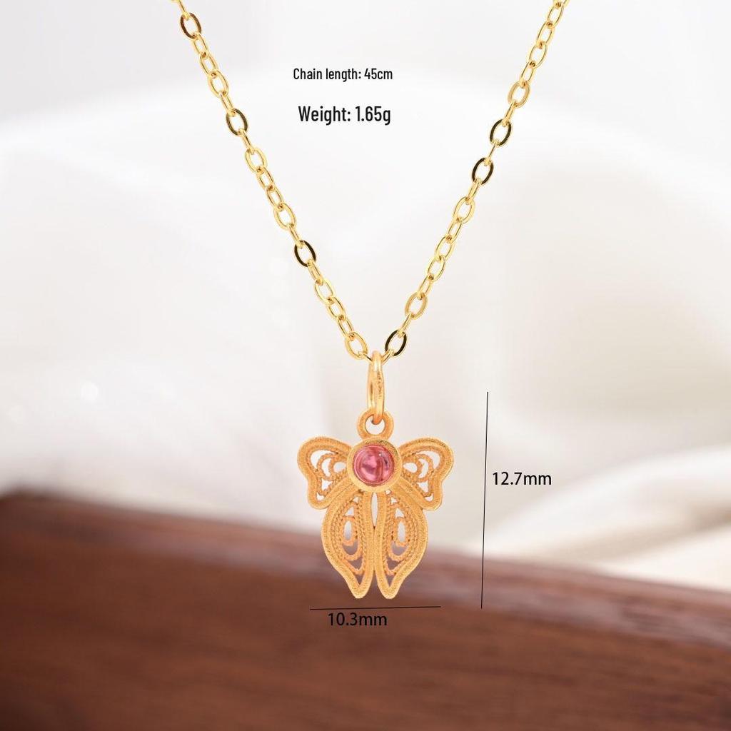 S925 Sterling Silver Chinese Butterfly Fu Necklace with Gem and Pearl Inlay