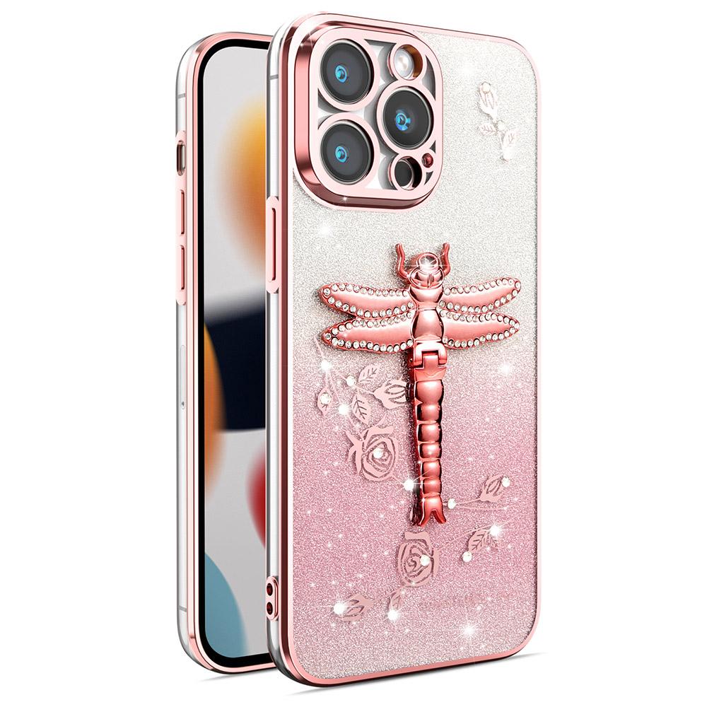 

For iPhone 13 Pro Max Case Dragonfly Kickstand TPU Flowers Glitter Phone Cover Pink