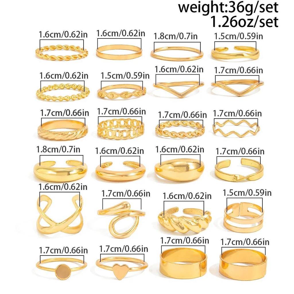 Salircon 24 Pièces/Ensemble Anneaux Métalliques Lisses Couleur Or Vintage pour Femmes Hip Hop Géométriques Anneaux Réglables Doigt Bijoux Quotidien Cadeau