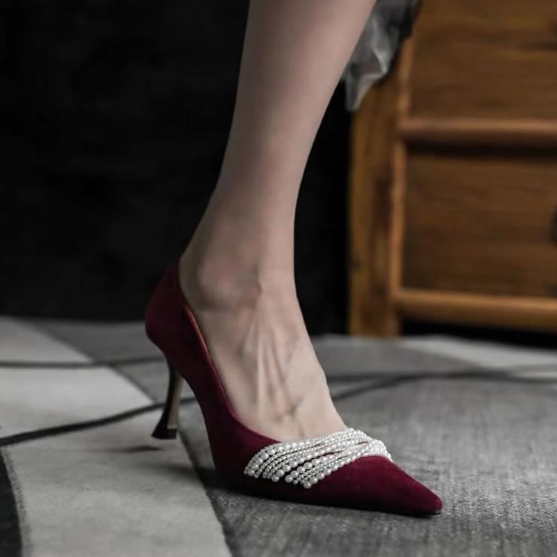 French Single Shoes Women's 2025 Autumn Niche Pearls Shallow Mouth Pointed High Heels Stilettos Fashion All-match Personality