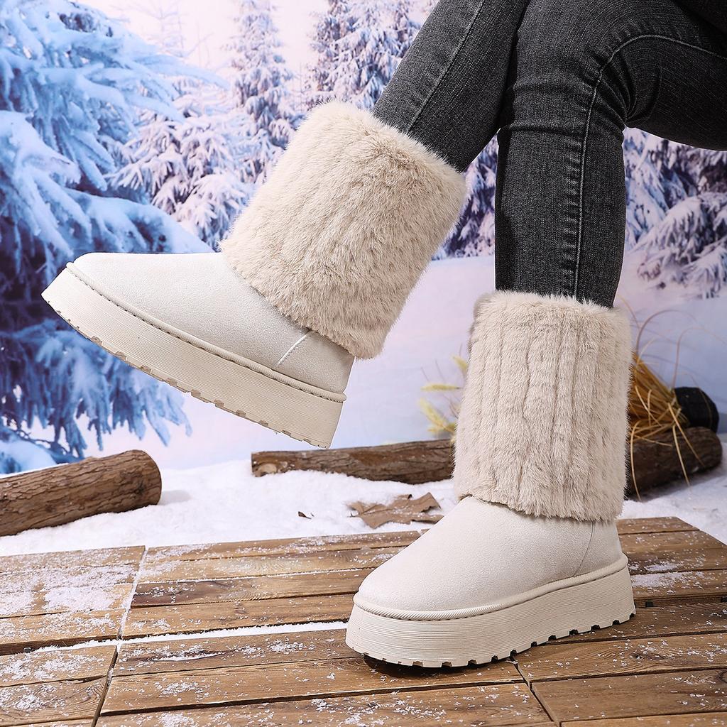 Women's Wide Width Mid-Calf Platform Snow Boots - Faux Fur Lined Winter Boots for Outdoor Wear, Thick Sole Cozy Boots