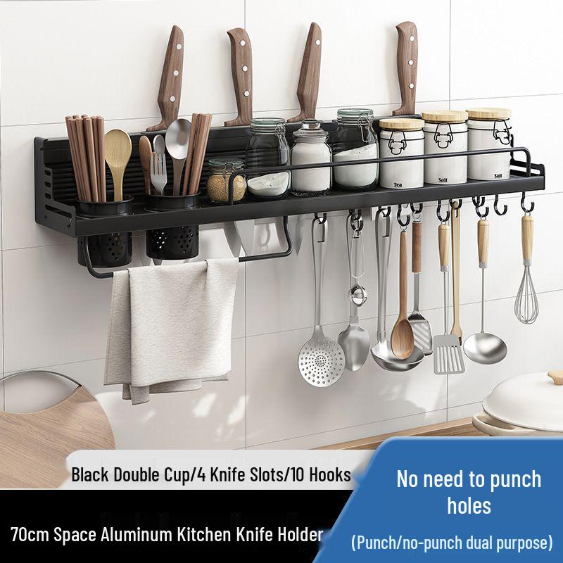 Punch-Free Aluminum Kitchen Wall Organizer: Multifunctional Rack for Utensils, Knives, Seasonings, and Chopsticks
