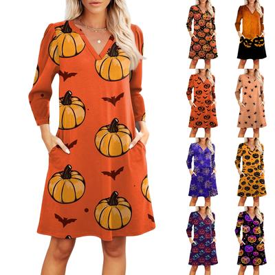 Women's Fashion V-neck Casual Beach Dress Three-quarter Sleeves Halloween Print Dress