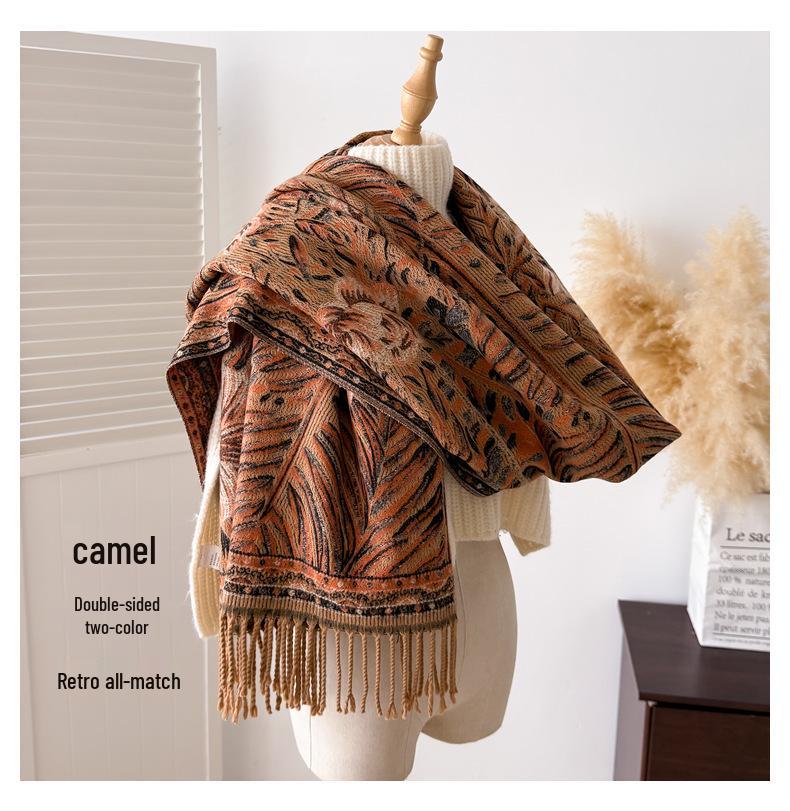 Women's Ethnic Style Double-Sided Jacquard Scarf, 2025 Autumn/Winter Collection: Thick, Warm, Soft Imitation Cashmere Long Snood Shawl.