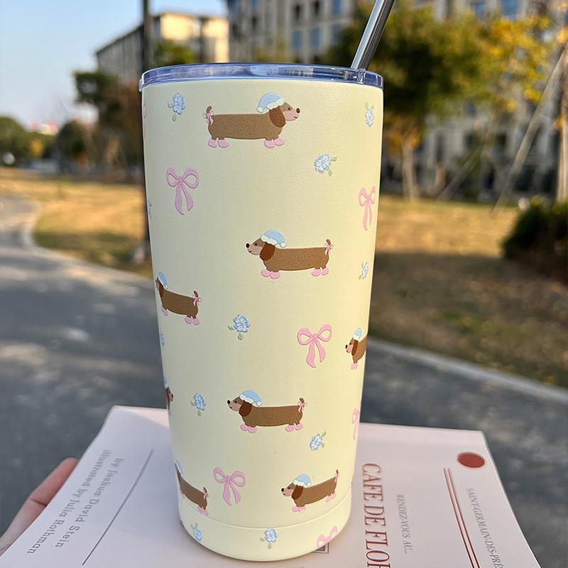 Cute Korean Thermos Cup Tumbler For Coffee Tea Beer Juice 550ml Kawaii Sainless Steel With Straw Thermal Cup Water Bottle Gift