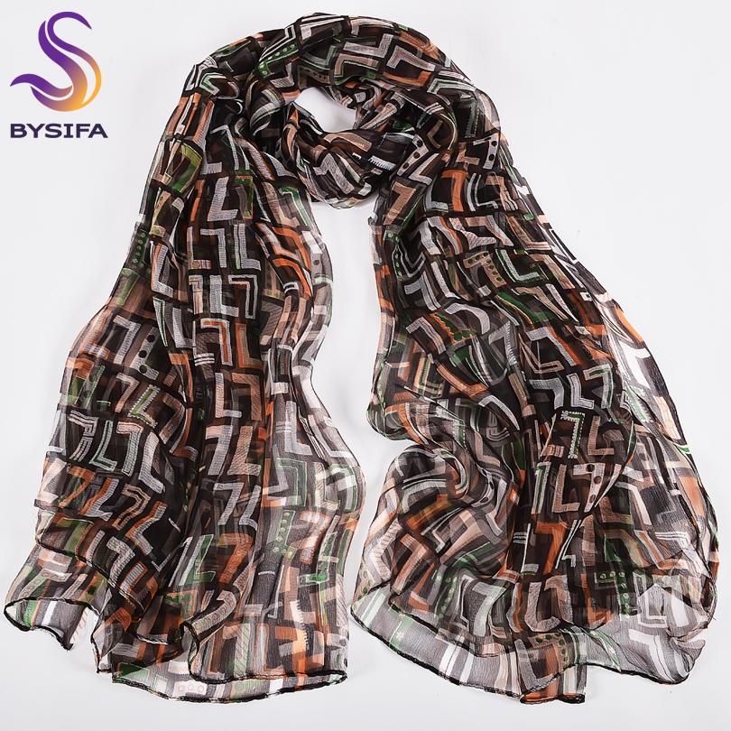 [BYSIFA] New Coffee Letter Silk Scarf Hijabs  Women Long Scarves Autumn Ladies Pure Silk Scarves Fashion Brand Neck Scarves