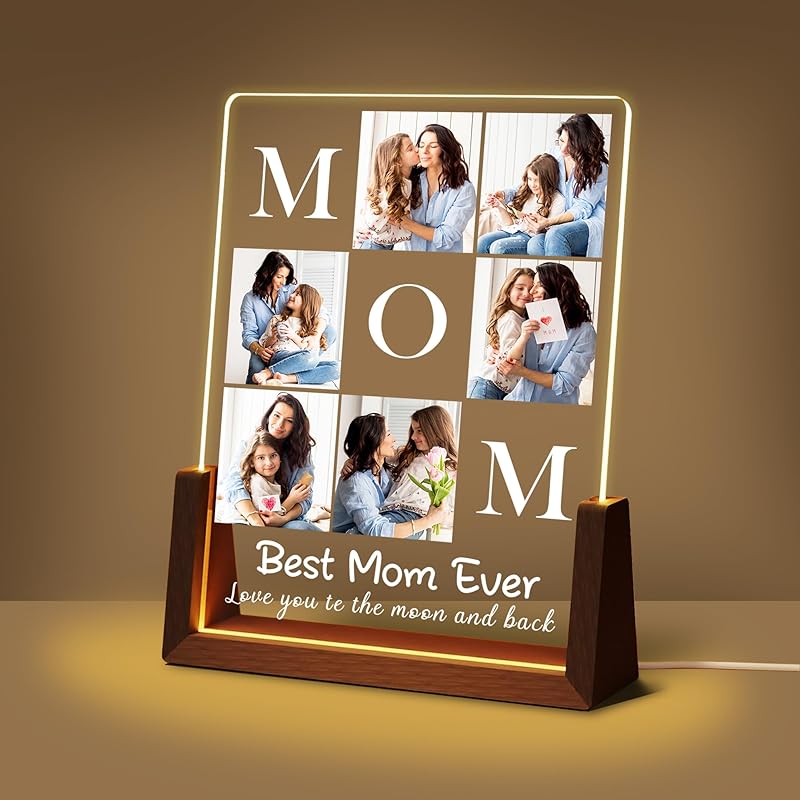 Personalized Mothers Day Unique Gifts for Mom Wife, Mom Gifts from Daughter Son Husband, Custom Acrylic Night Light Picture Frame with Photo Name,