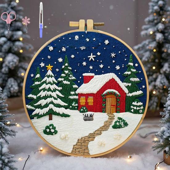 Christmas Embroidery Kit Winter Landscape Embroidery Starter Kit Santa Claus Embroidery Craft Set with Pattern Threads Needles for Beginners Adults