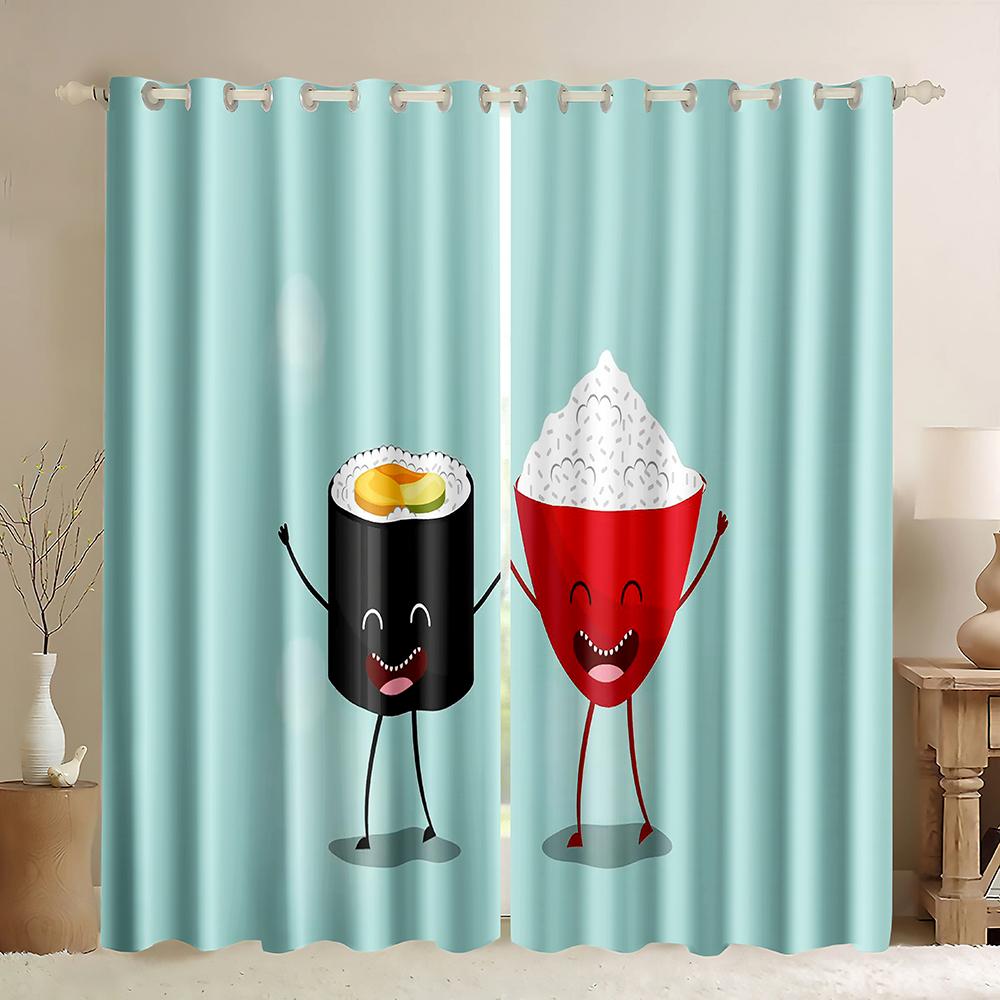 Funny Japanese Food Sushi Print Curtains for Kids Living Room Bedroom Kitchen Window Drape Right Biparting Open Drapes 2 Panels