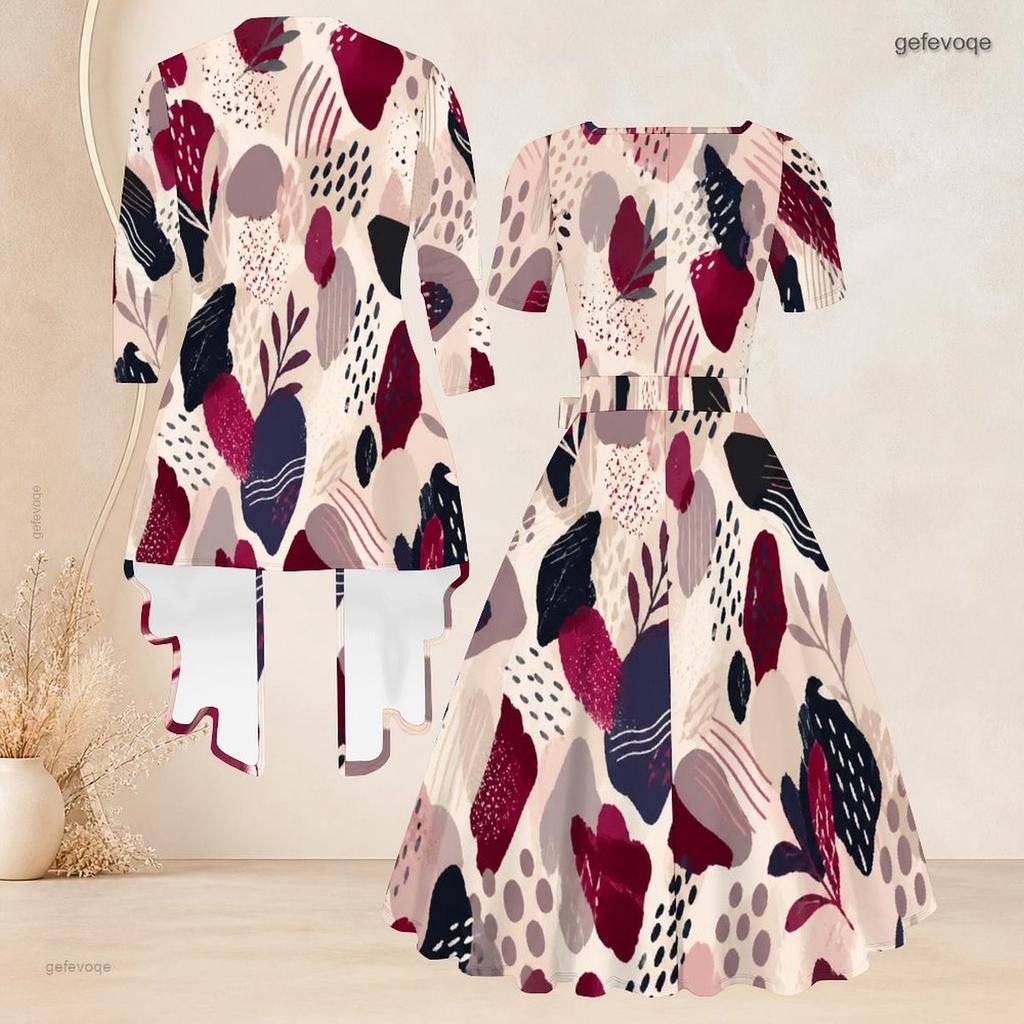 Women Plus Size Two Piece Set Long Sleeve Open Cardigan Square Neck Short Sleeve Tie Waist Printed Flared Dress