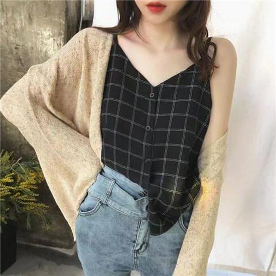 Chic Retro Hong Kong-Style Plaid Camisole Top - Korean Sleeveless Chiffon for Women XL (60-65 kg)