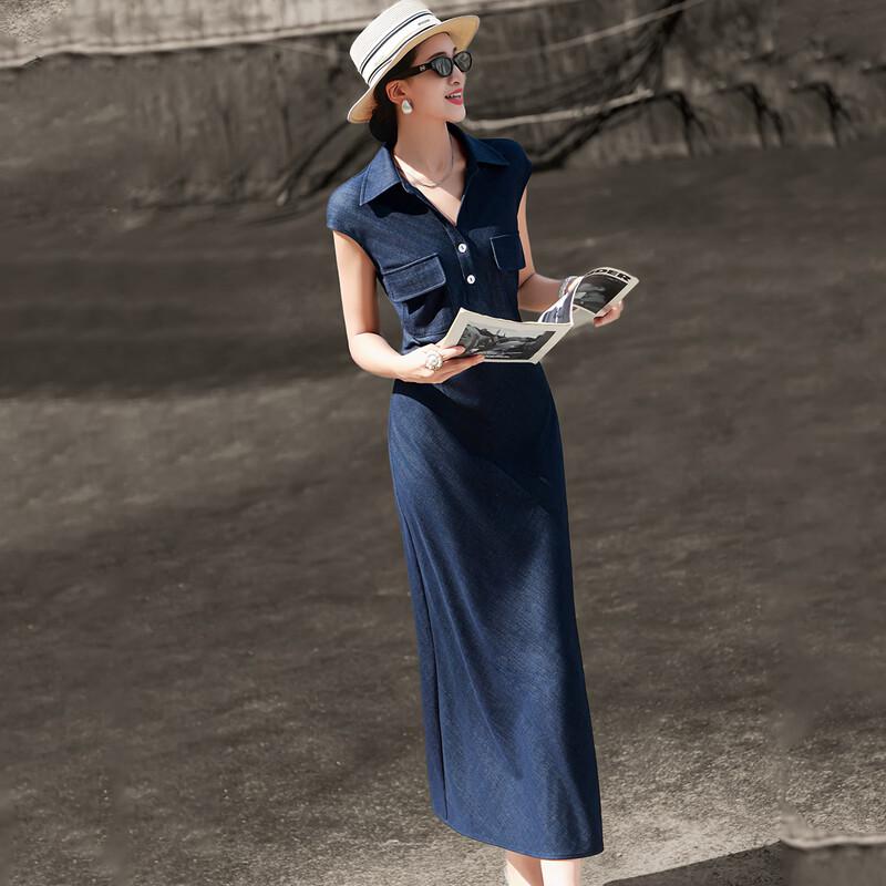 Lanseer 2026 Retro Denim Sleeveless Midi Dress L