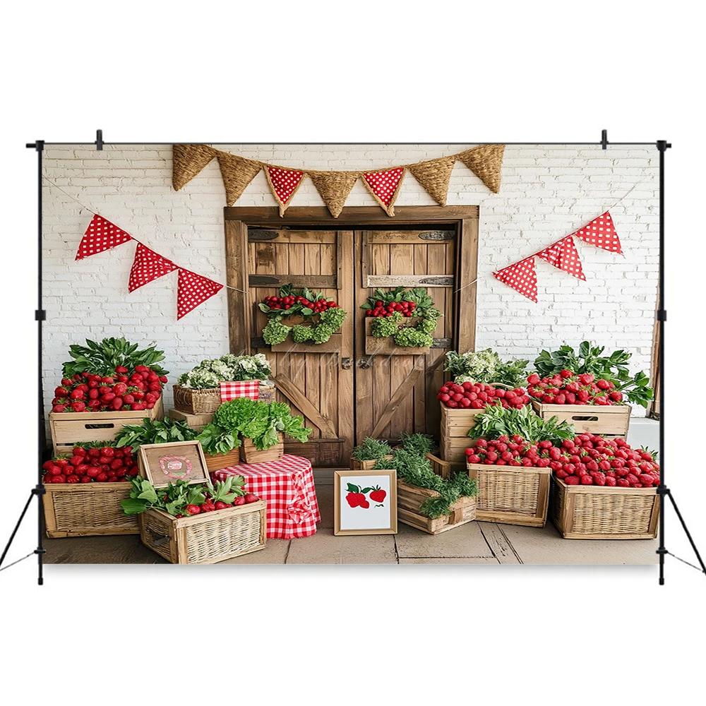 Rural Barn Door Strawberry Themed Birthday Party Background, Children's Birthday Party Decoration Photography Studio Background