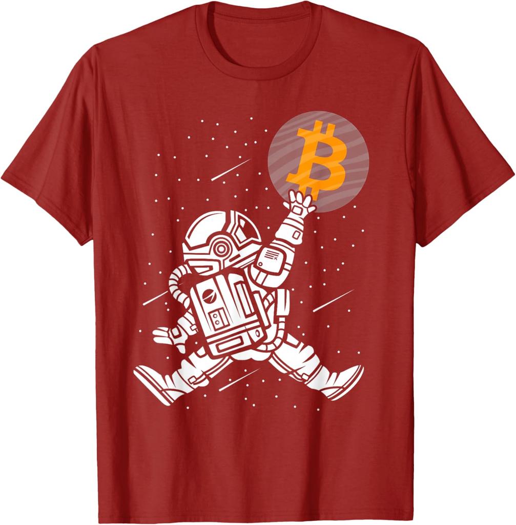 Bitcoin Astronaut Reaching for BTC Crypto Trader Graphic Tee Men Casual Short Sleeve