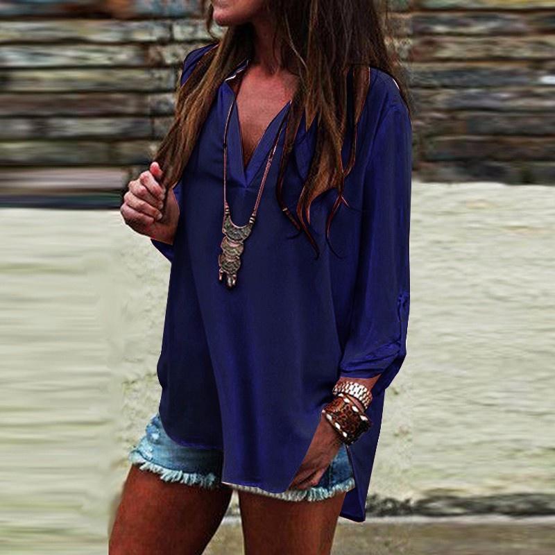 Stylish Women Vneck Short Sleeve Tshirt With Casual Irregular Hem Loose Fit Blouse