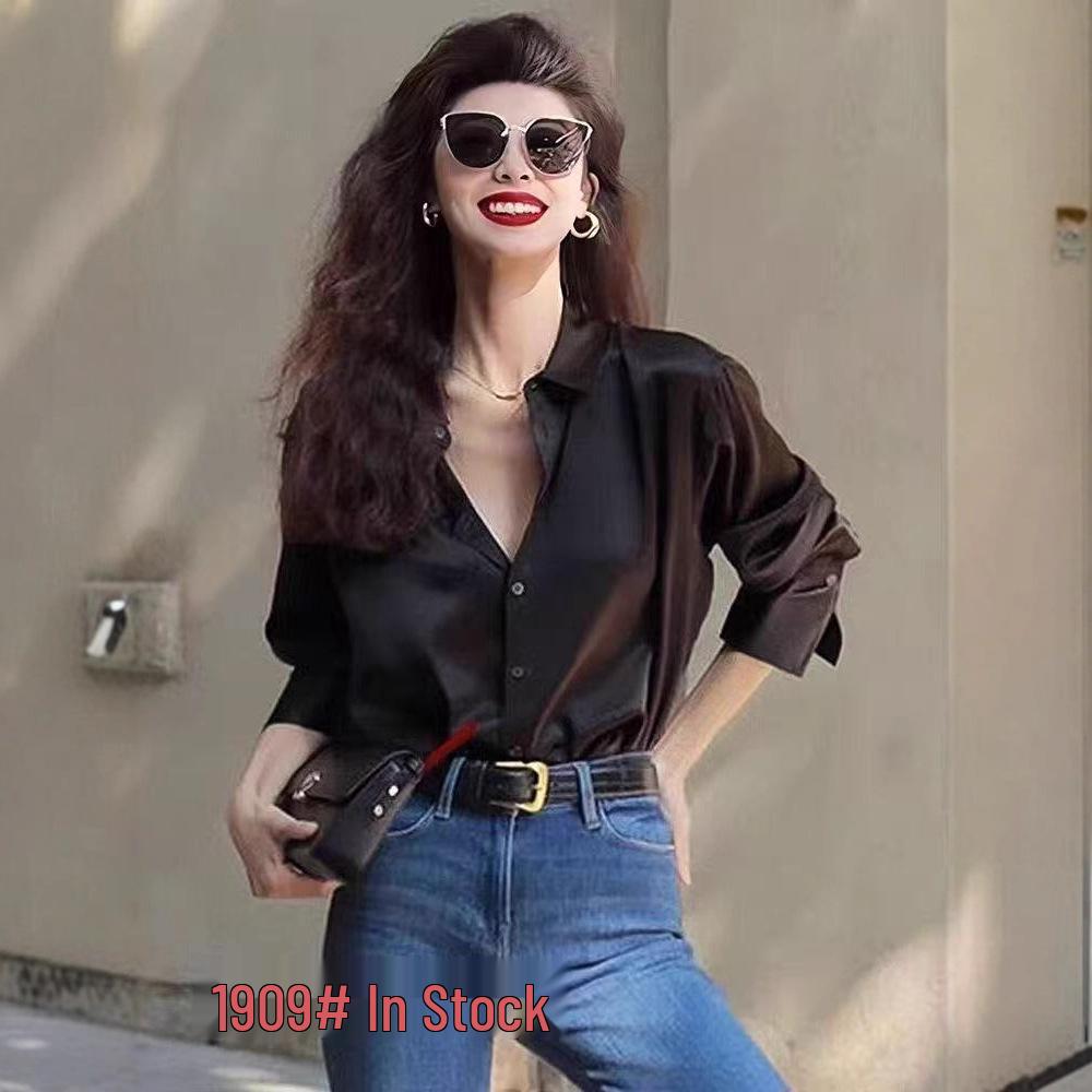 2026 Early Spring Elegant Black Satin Shirt - Petite, High-End Fashion for Women