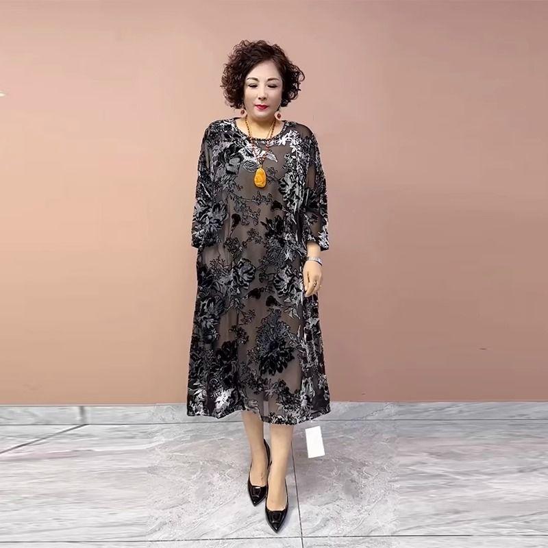 

Женское платье из золотого бархата Платье большого размера с круглым вырезом и принтом Длинные шелковые платья с цветочным узором Весна Осень 4XL