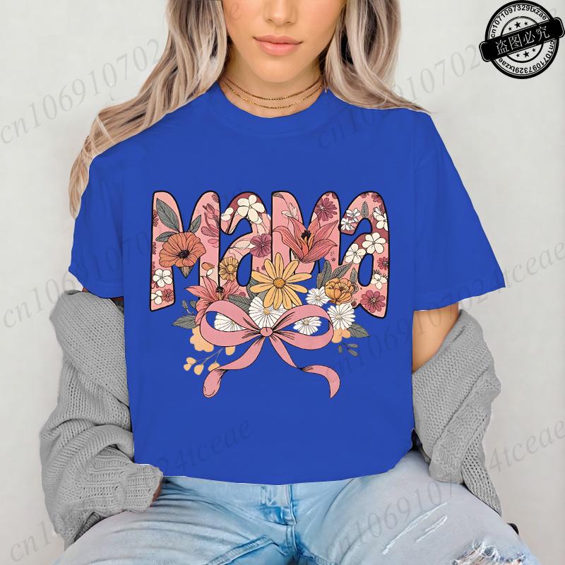 Floral Coquette T-Shirt,Pink Bow Tee Floral Mama T-Shirt for Women Vintage Retro Mama Shirt Wildflowers Mama Women's Clothing