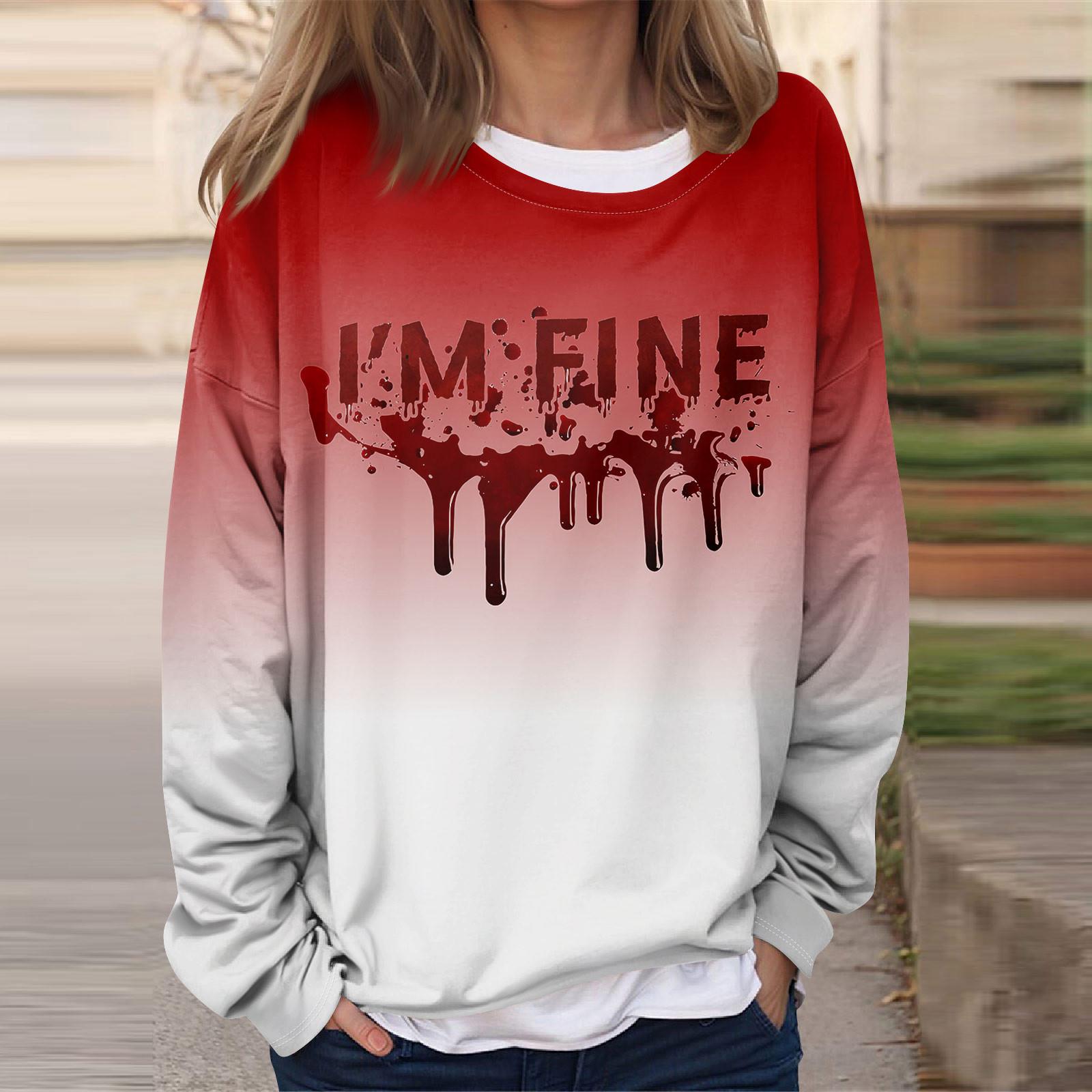 

Женская повседневная мода Хэллоуин принтованный длинный рукав O-образный вырез толстовка многослойный пуловер топ XL арбуз красный