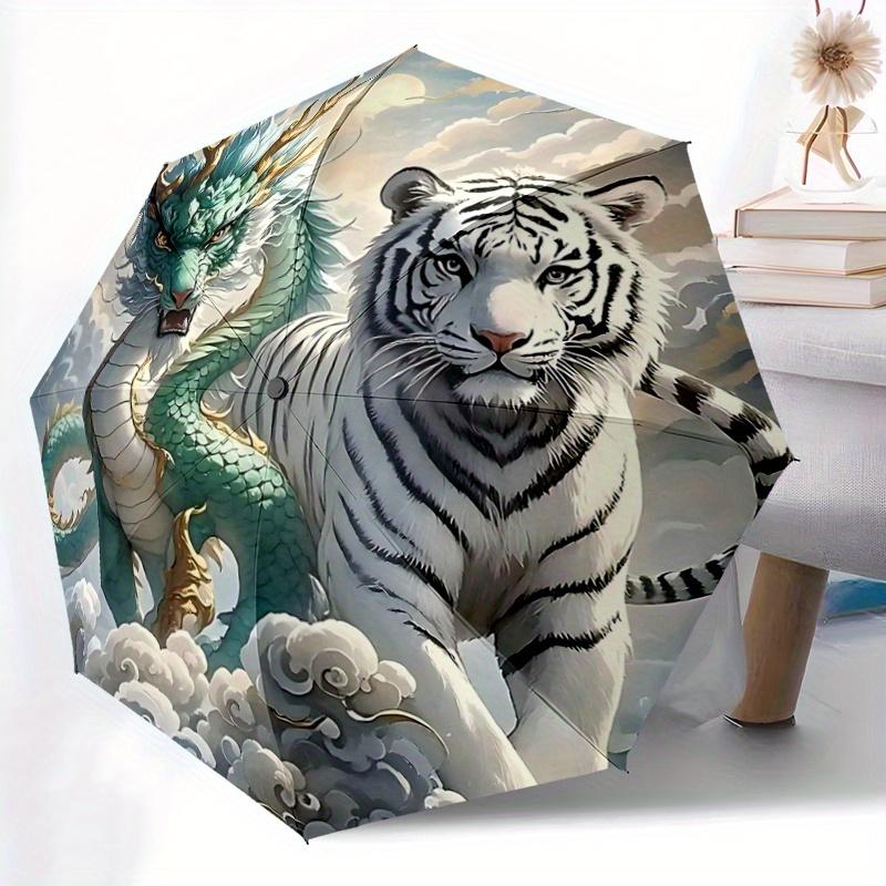 1pc Turquoise Dragon and Snow Tipped Tiger Soaring Through Clouds Automatic Opening and Closing Umbrella - Suitable for Various Occasions, Portab