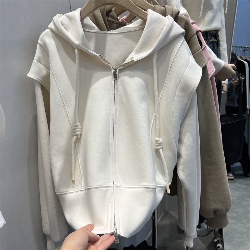 Double Zipper Hooded Sweater Short Jacket Womens Spring and Autumn Versatile Niche Top Cardigan