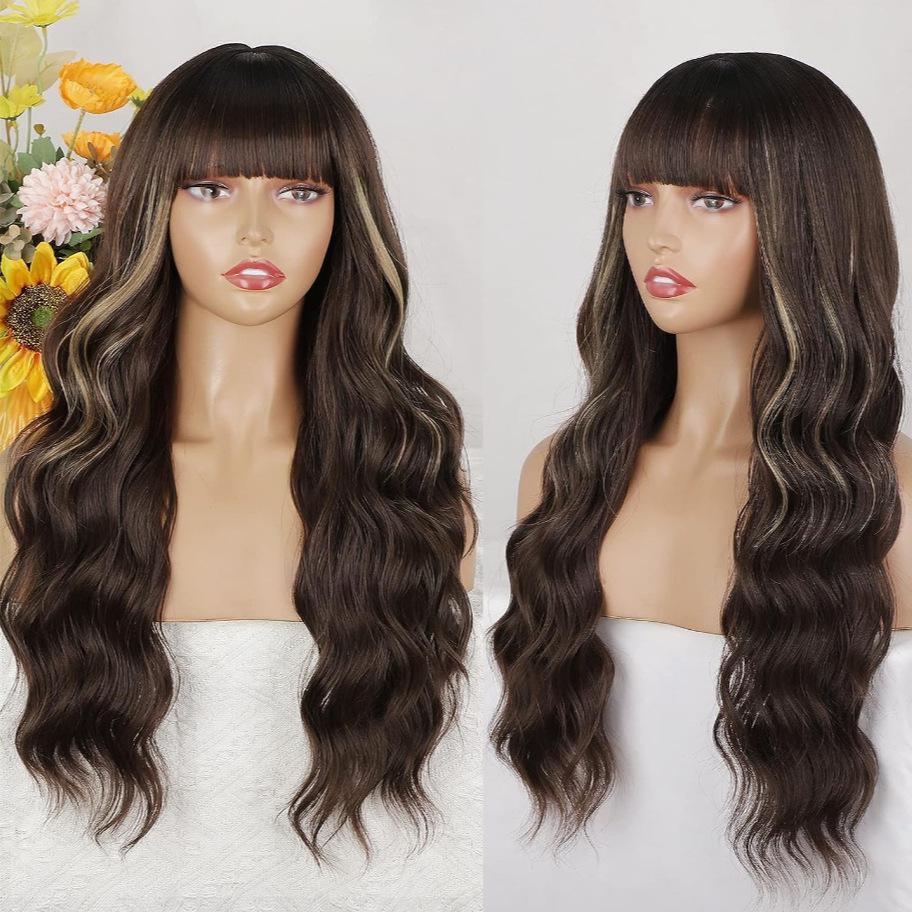European & American Women's Long Curly Synthetic Wig with Bangs