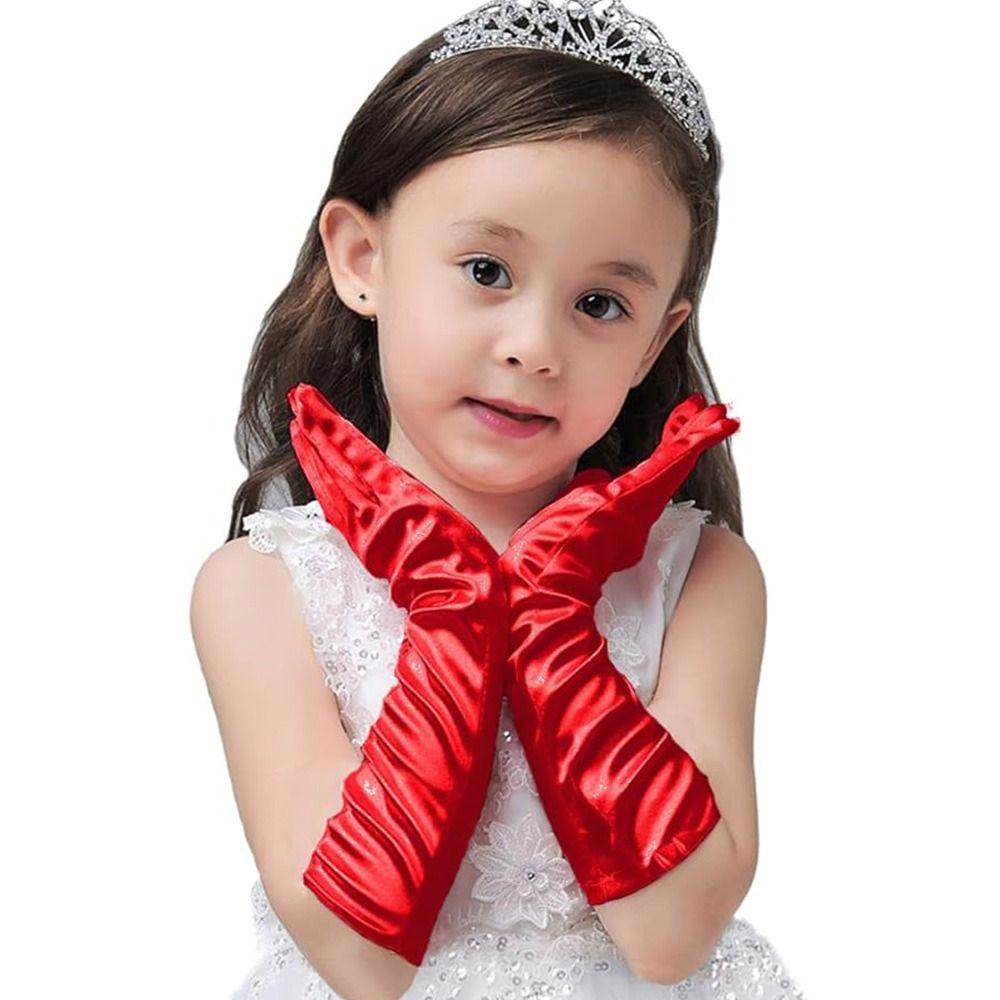 Solid Color Children Gloves Satin Performance Stage Dress Winter Warm Dance Mittens  Girls