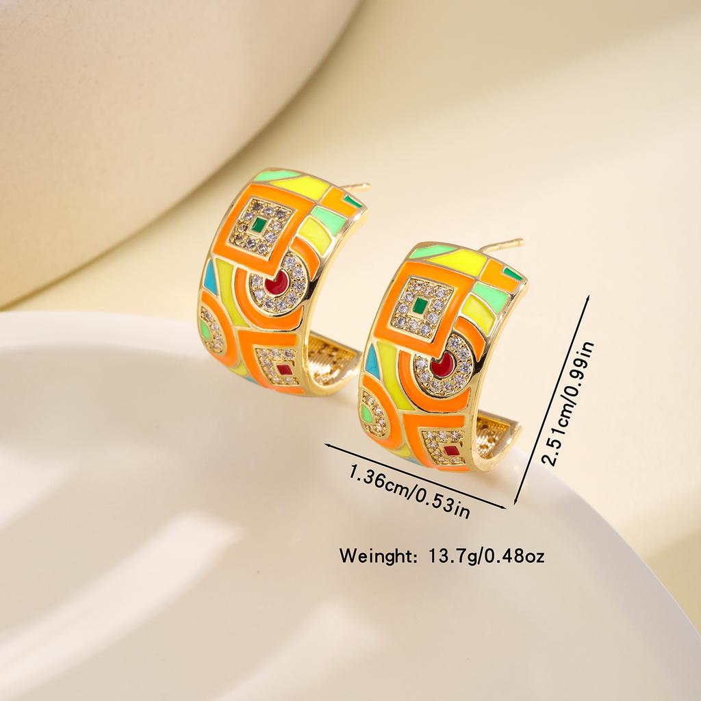 Nidin Vintage Colorful Enamel Geometric C Shape Stud Earrings For Women Inlaid Zircon Bohemian Ethnic Style Ear Jewelry Gifts