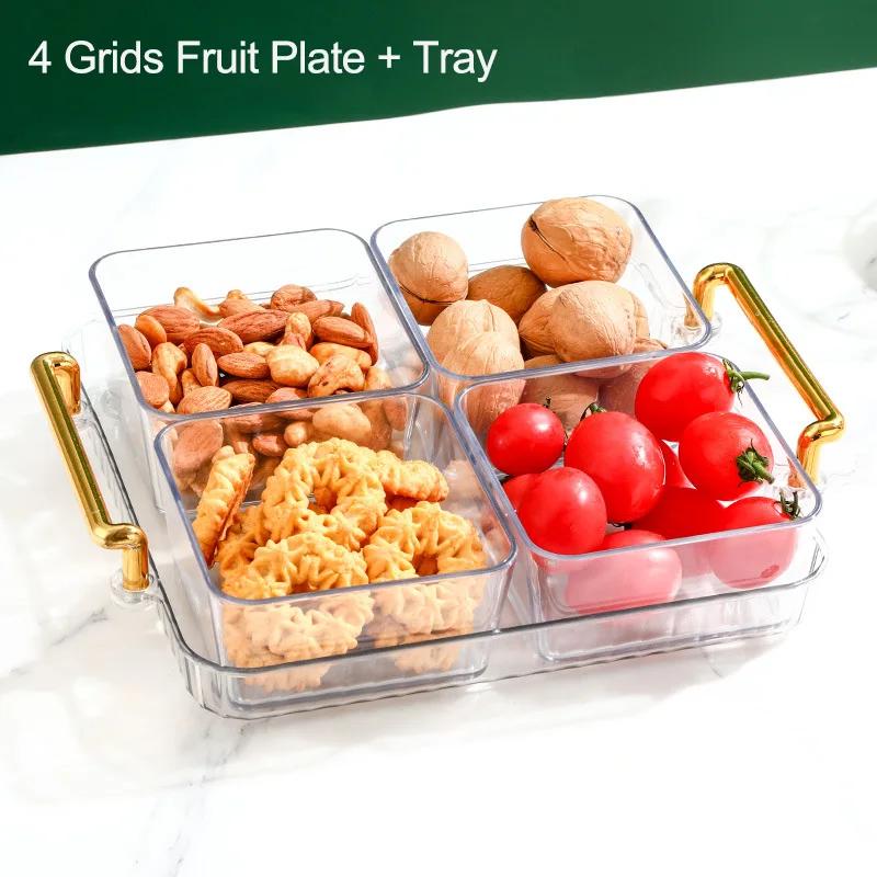 Dried Fruit Plate 2/4/6 Grids Light Luxury Divided Fruit Plate Snack Dish Candy Nuts Household Plastic Tray Snack Dessert Tray