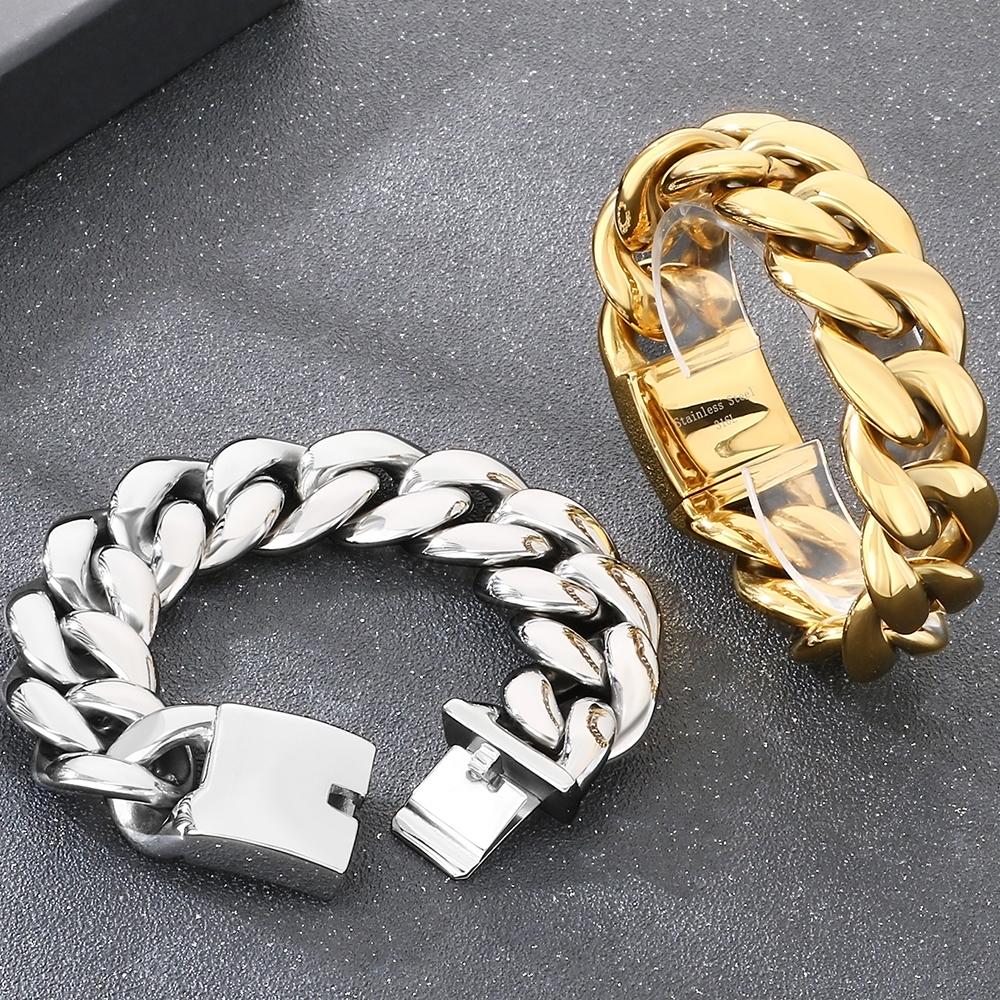 Hochbelastbares 25 mm breites kubanisches Gliederarmband für Herren Hochglanzpolierter Edelstahl Herrenkette Auffälliger Hip-Hop-Männerschmuck Wasserdicht