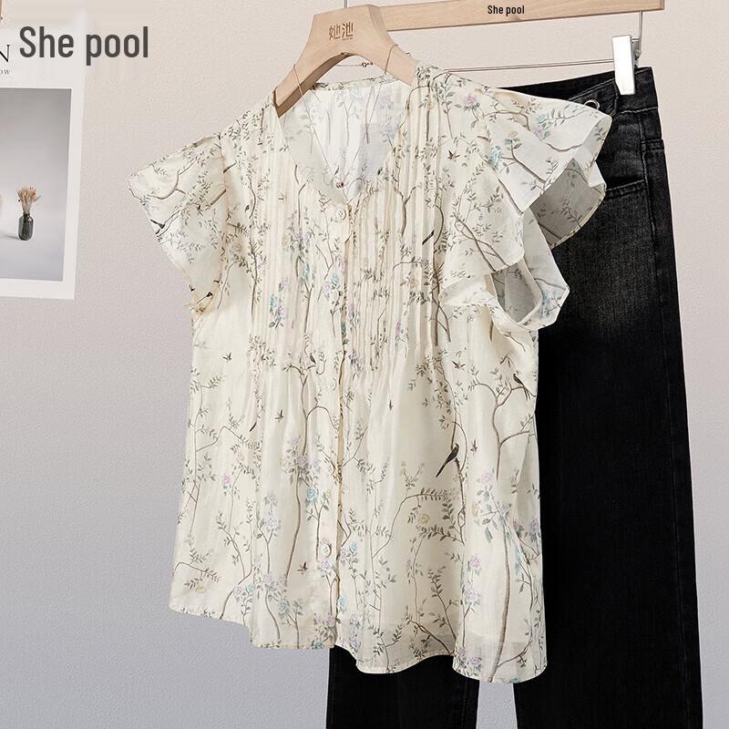 Women s V-Neck Floral Print Short-Sleeve Blouse M
