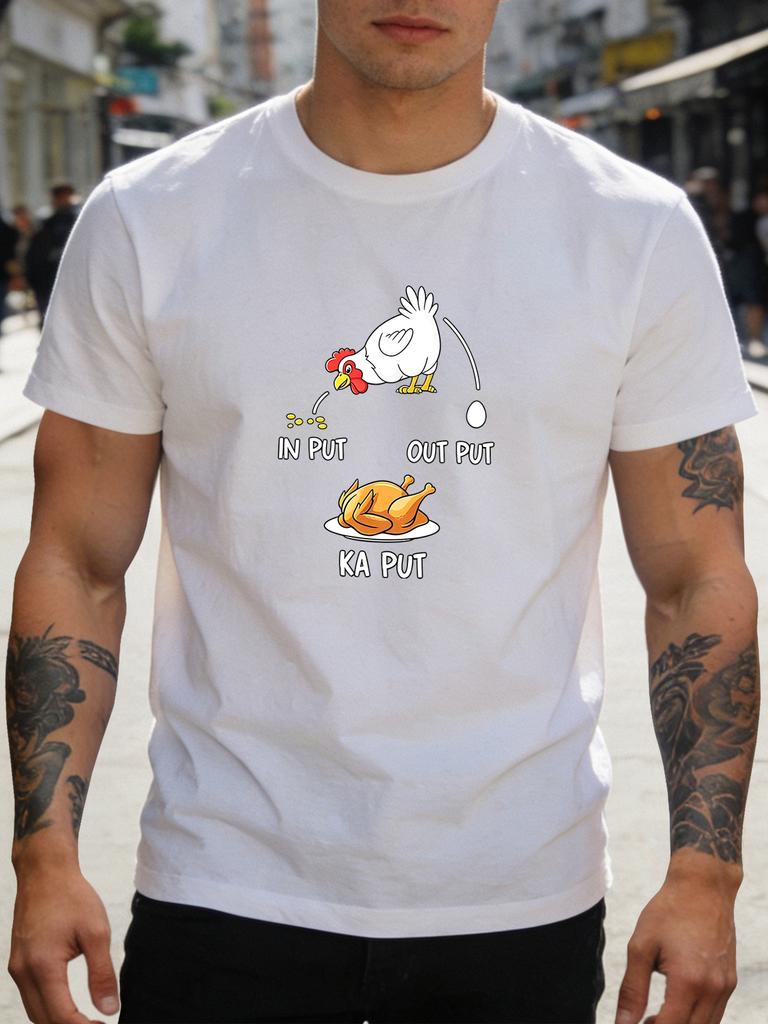 Unisex White Tee Funny Chicken Logic Cartoon Art Print Short Sleeve Loose Casual Basic Top For Young Adult Male Daily Wear Outfit