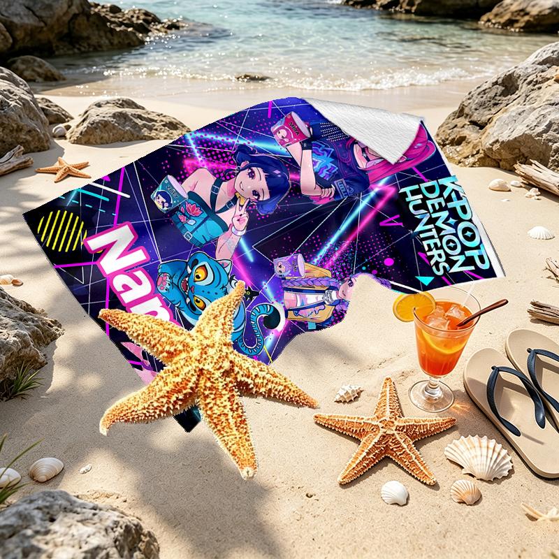 Custom Name Personalized KPop Demon Hunters Print Beach Towel, for Trip Camping Beach Party Home Decor, Birthday Gift for Family & Friends