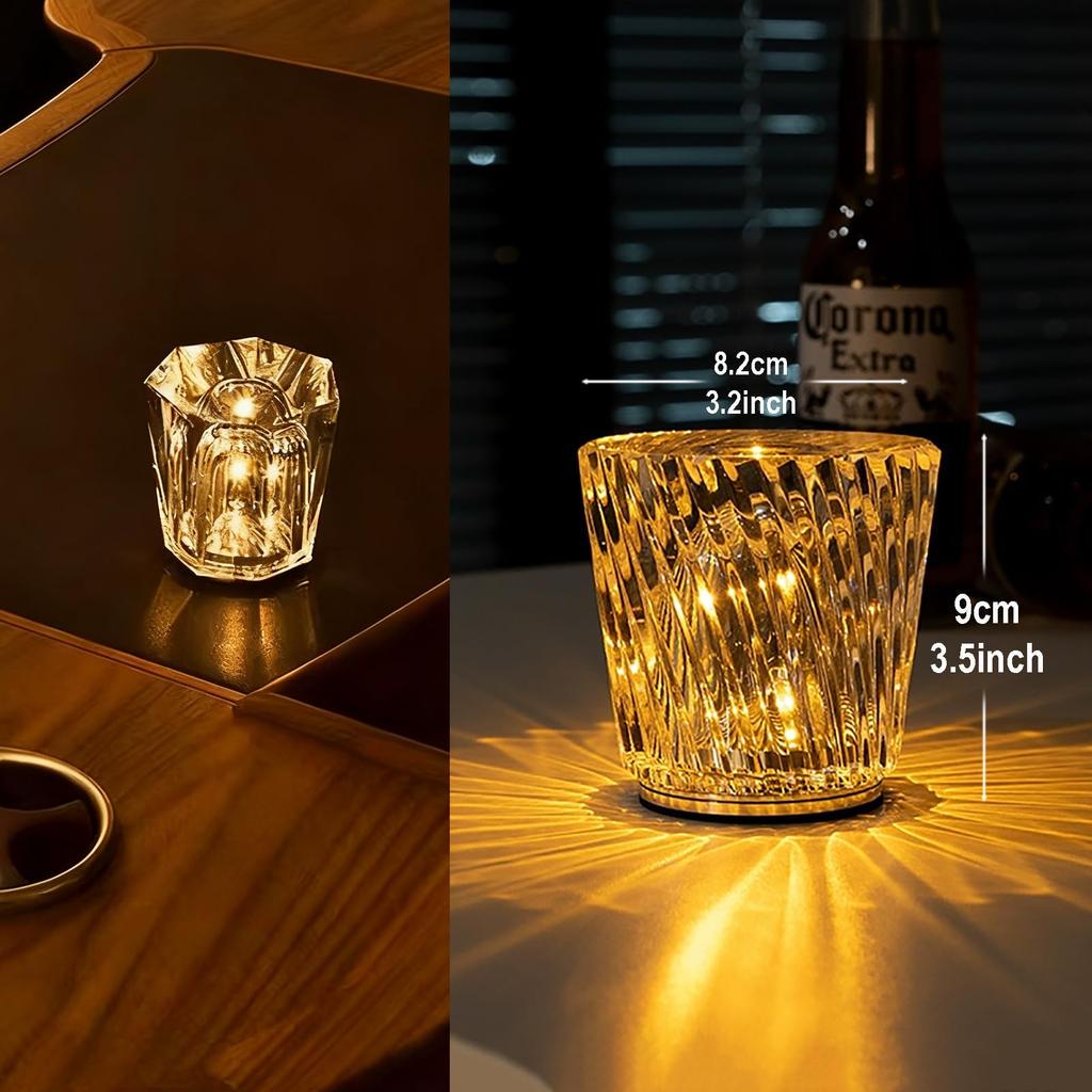 Crystal Table Lamp, Diamond Table Light, Bedside, USB Rechargeable, 3 Bright Colors, Room Night Light, Bedroom Ambient Lighting, Cordless Decorative T