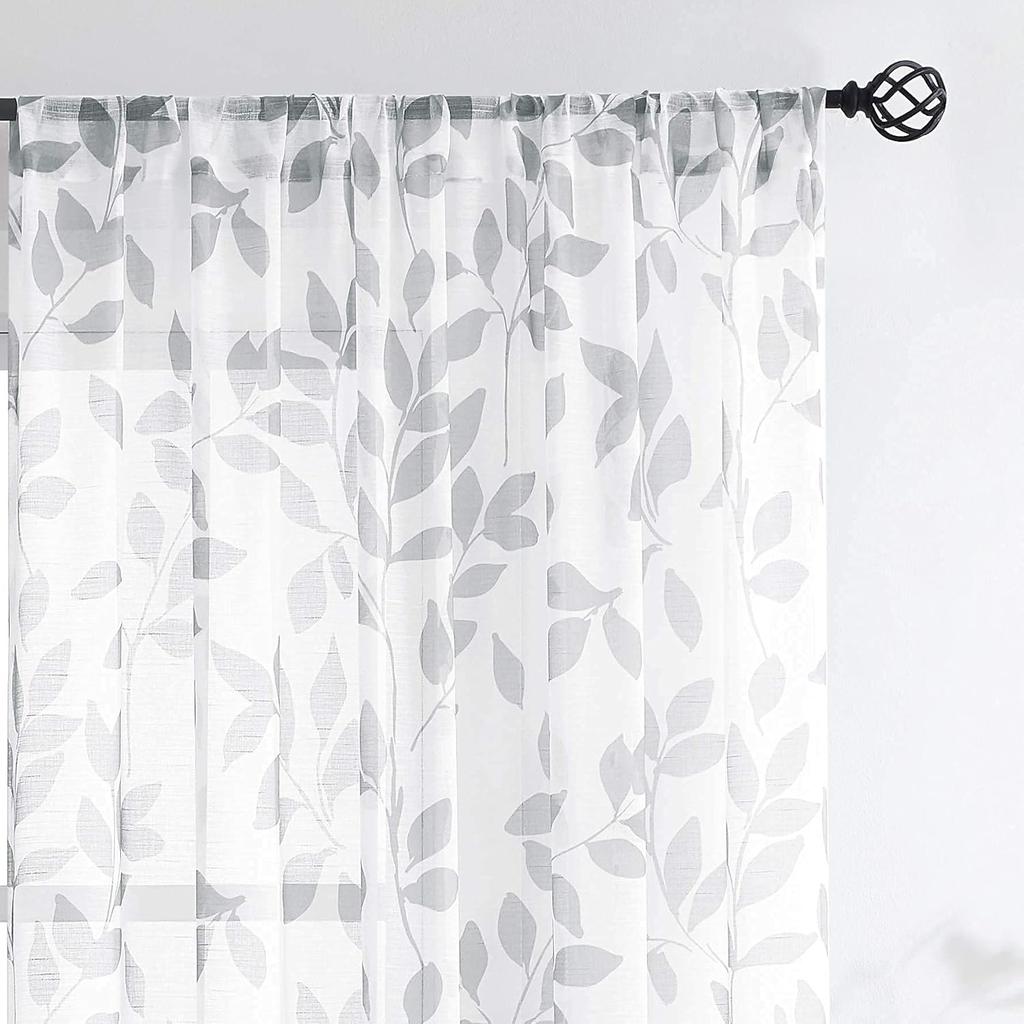 Elegant Grey Leaf Printed Curtains Suitable Living Room Daily Use Fresh Pole Type Translucent Gauze Set Of 2 Made Polyester Area Decor