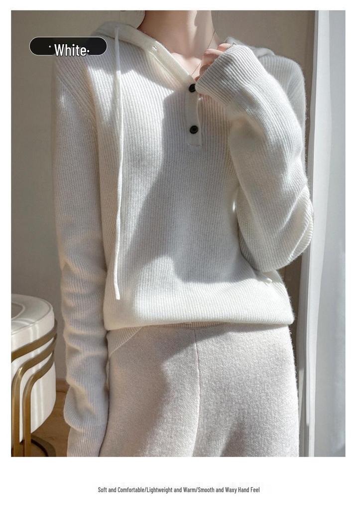 Women's Cashmere Hooded Knit Sweater - Autumn/Winter Collection, Loose Fit, Short Pullover Hoodie.