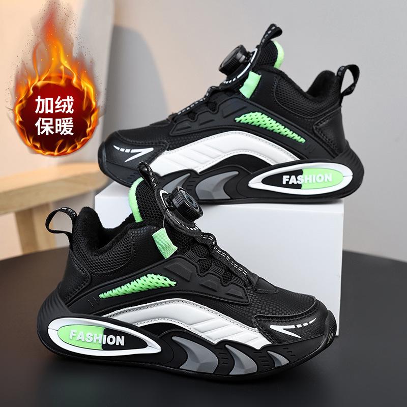 Fleece warm swivel buckle children's sports shoes, medium and large children's basketball shoes, boys' cotton shoes