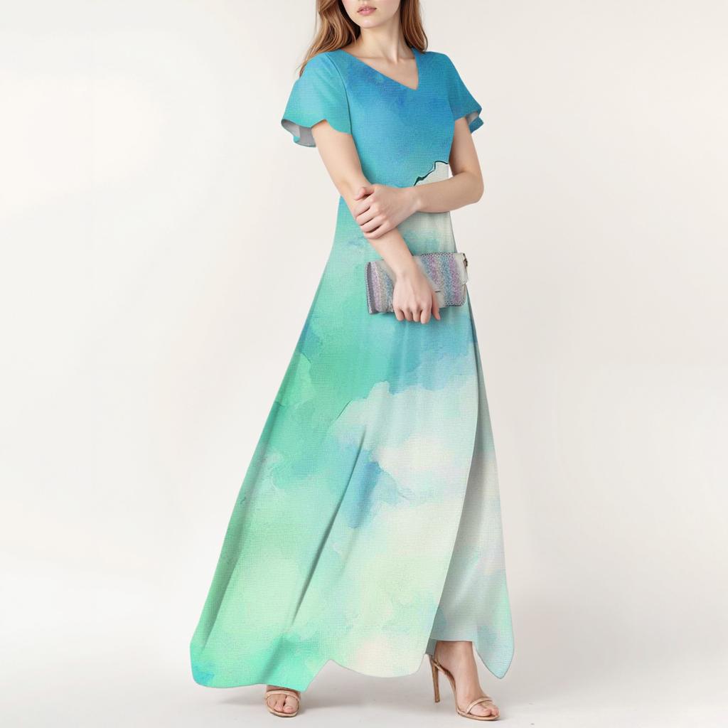 Damen Frühling und Sommer Lässige Mode Batik-Druck Kleid V-Ausschnitt Kurzarmkleid