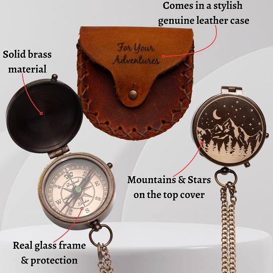 Brass Compass with Leather Case  Mountains  Roads  Pocket  for Men Genuine Leather Pouch Stamped with 'For Your ' Husband, Father  Son