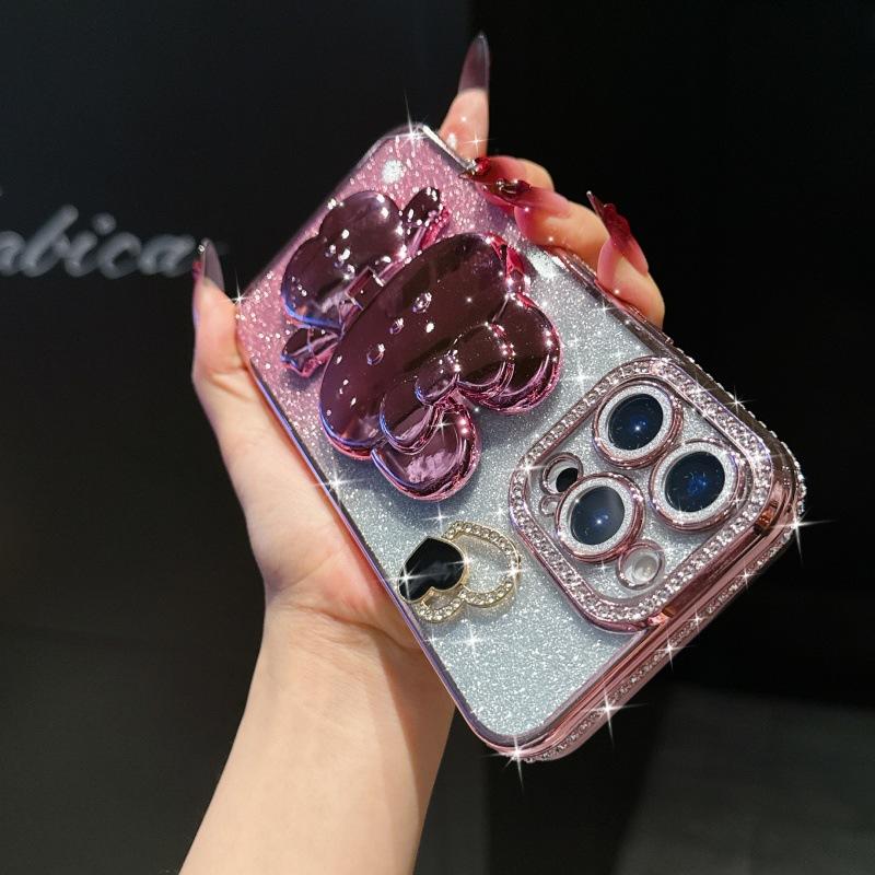 Applicable to iPhone17 mobile phone case electroplated rhinestone glitter Apple 16 rabbit mirror holder 15 crystal bracelet 14