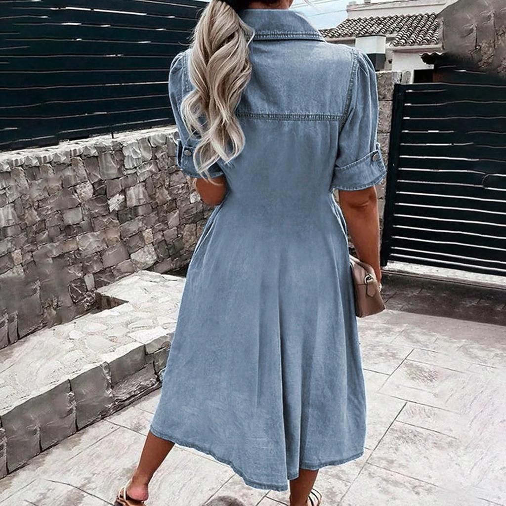 Damska codzienna sukienka dżinsowa z krótkim rękawem, jednorzędowa