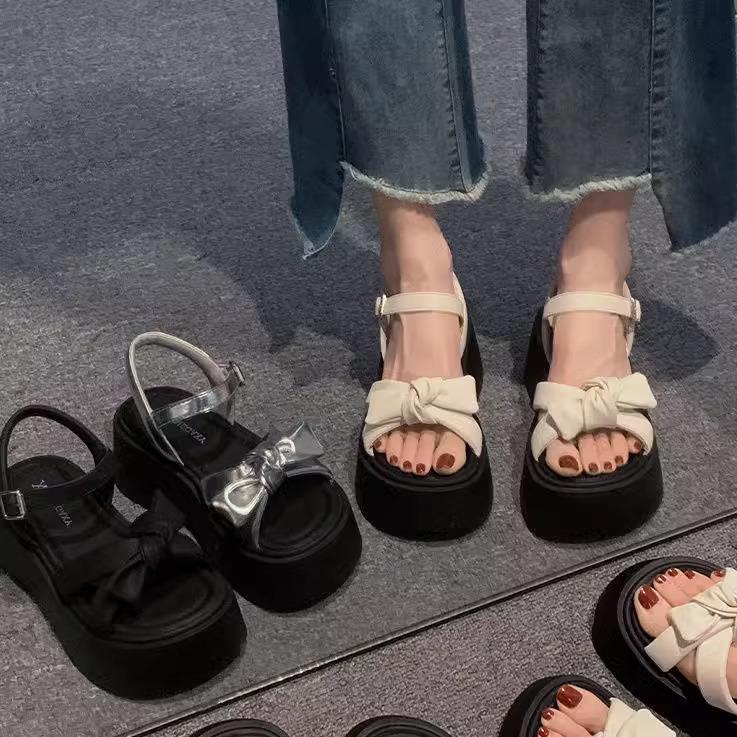 Small Fragrant Style Bow Platform Sandals Female Summer Wear Retro Fairy Style with Skirt Small Height Increase Roman Shoes